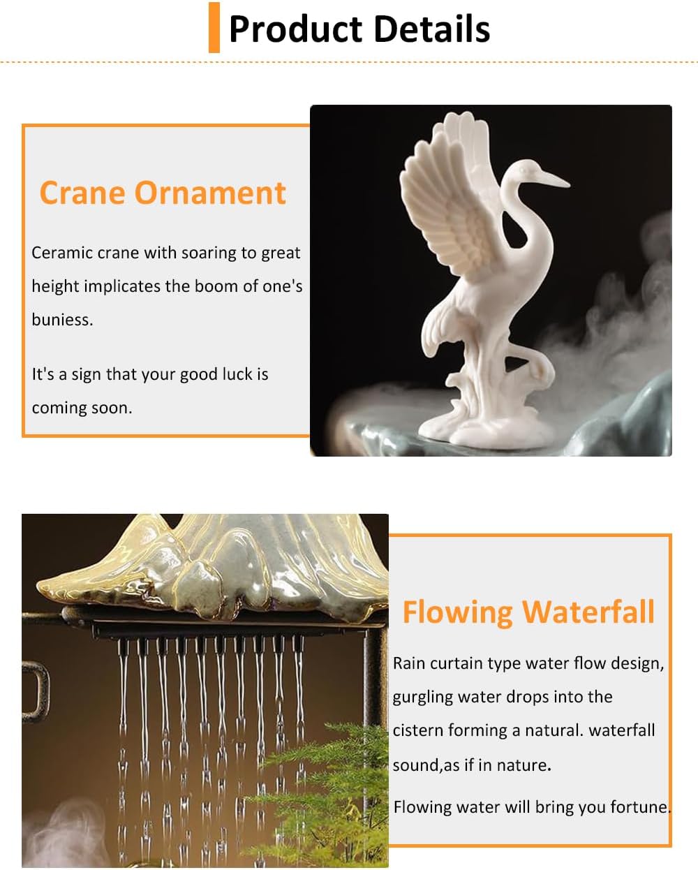 Ceramic Crane Desk Fountain with LED Light and Mist