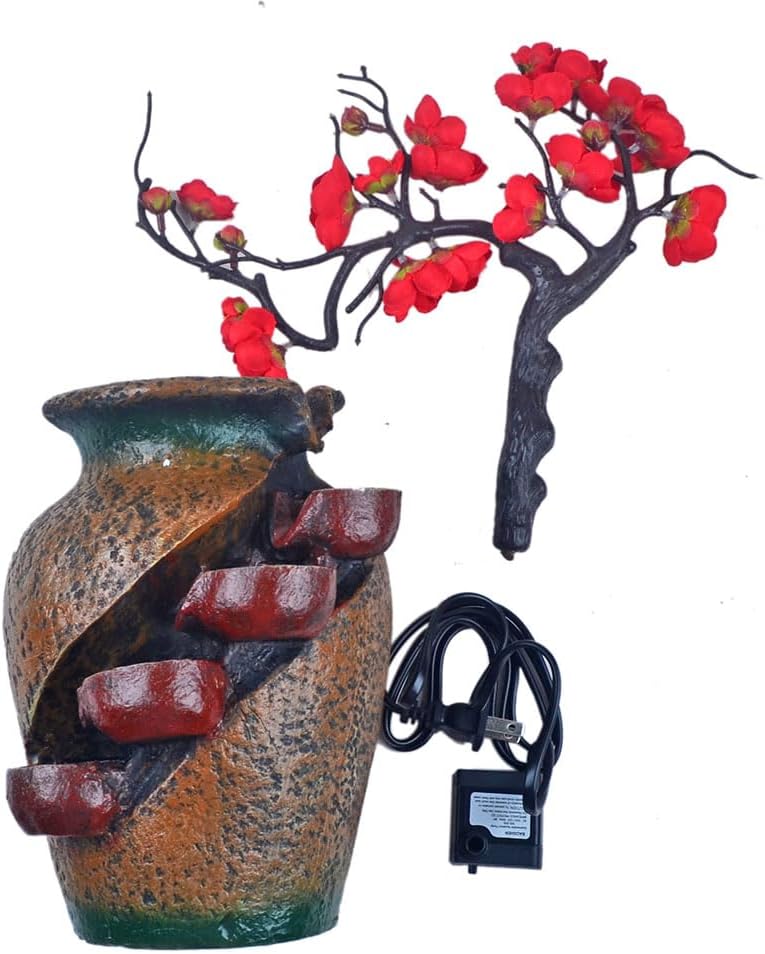 YOUUGIOR Plastic Red Peach Flower Plum Tree Resin Trunk Tabletop Fountain Decor