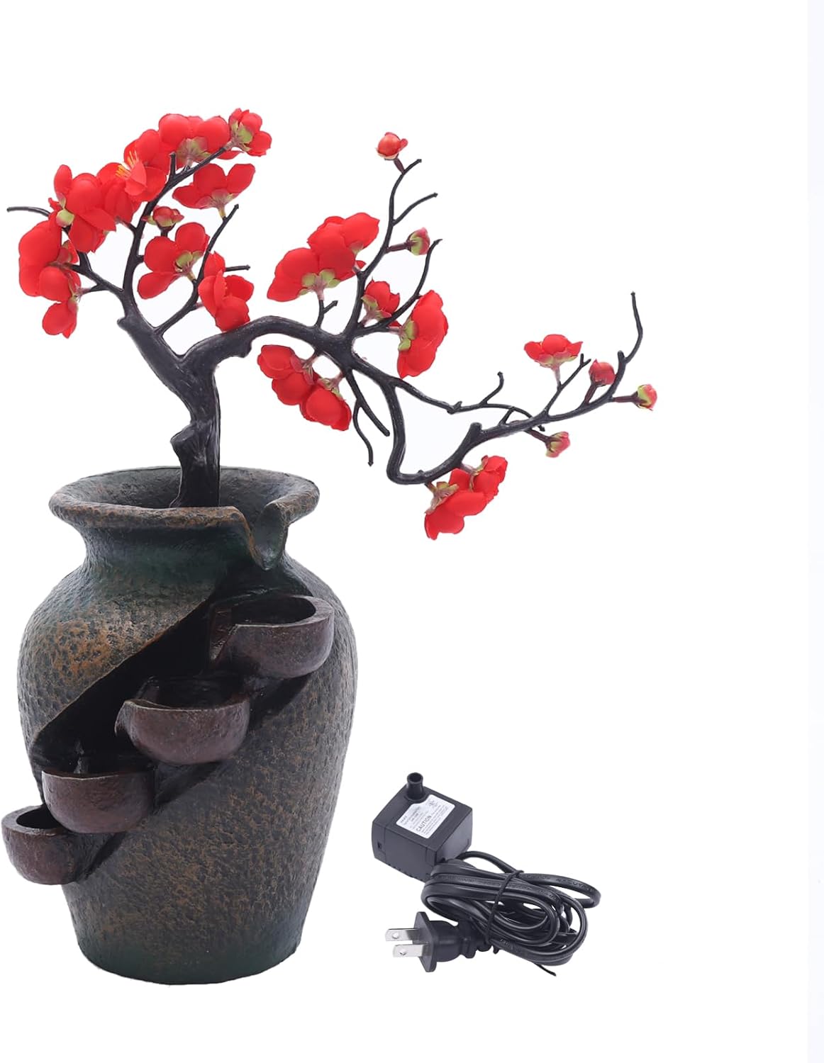 Tabletop Water Fountain with Artificial Flowers for Home Decor
