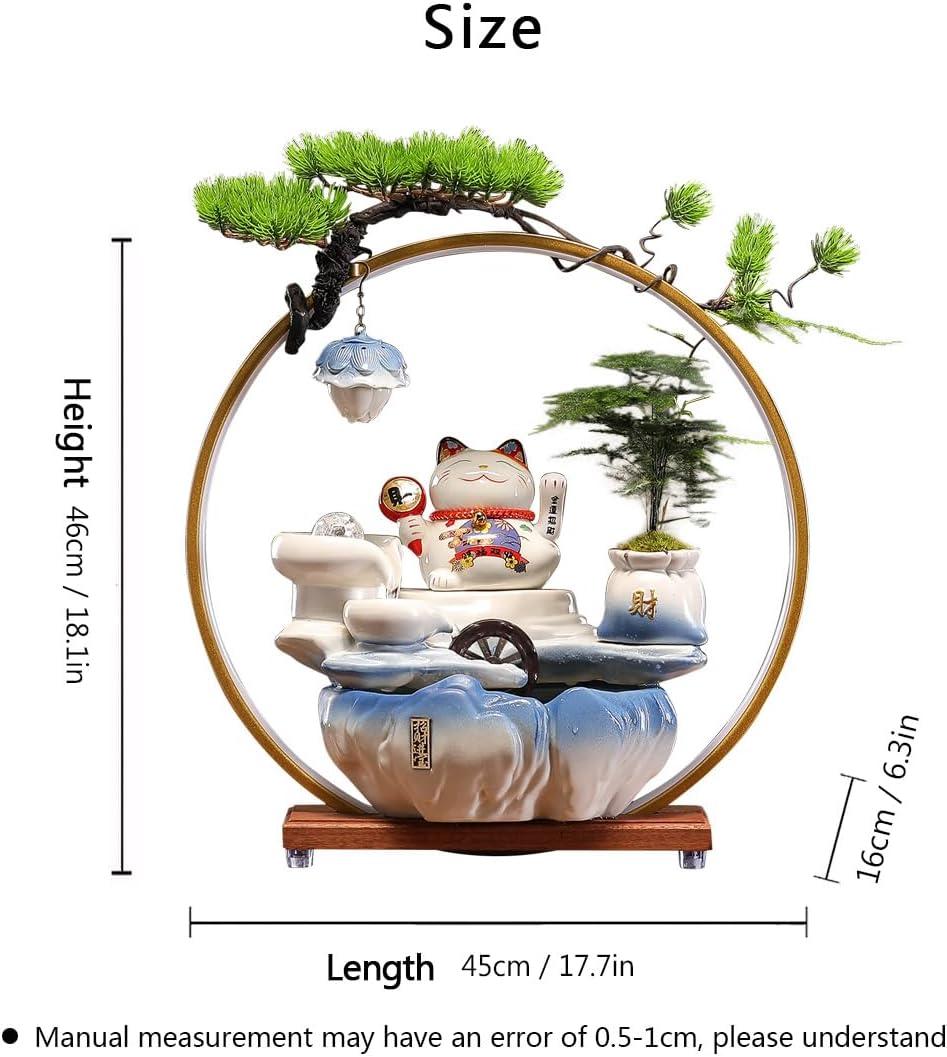 Ceramic Tabletop Waterfall Fountain with Maneki Neko Figurine