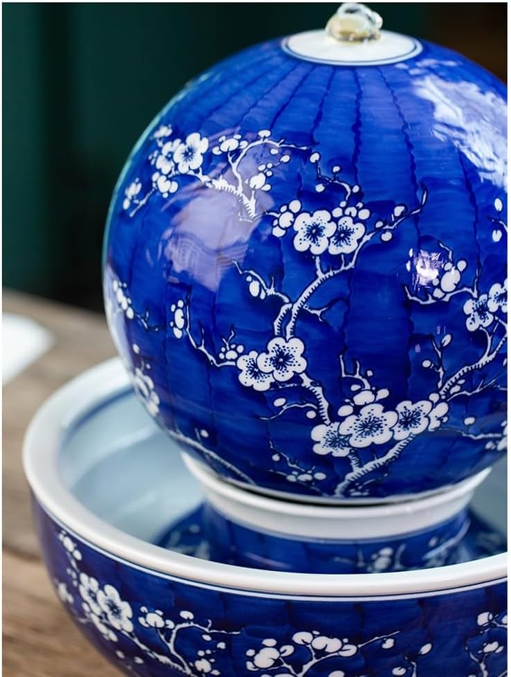 Tabletop Fountain with Blue and White Porcelain Design