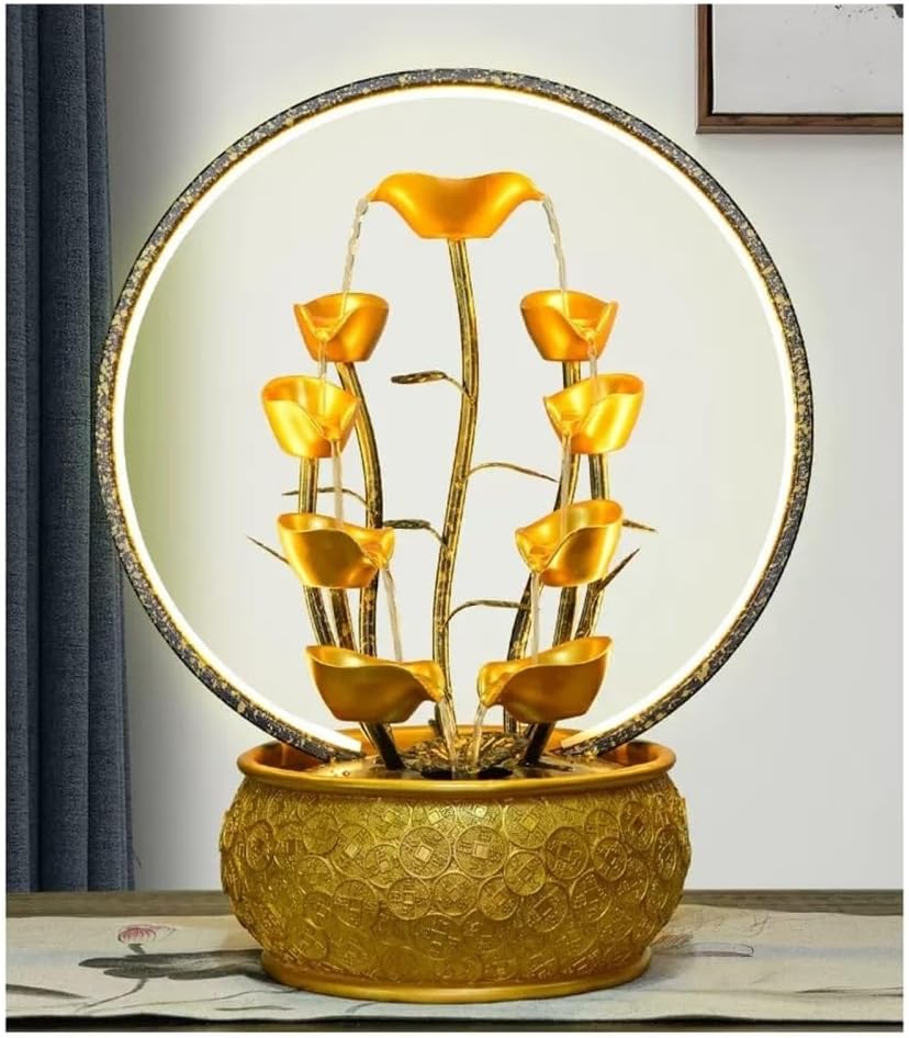 Gold Tabletop Waterfall Fountain with Light - Feng Shui Decor 1