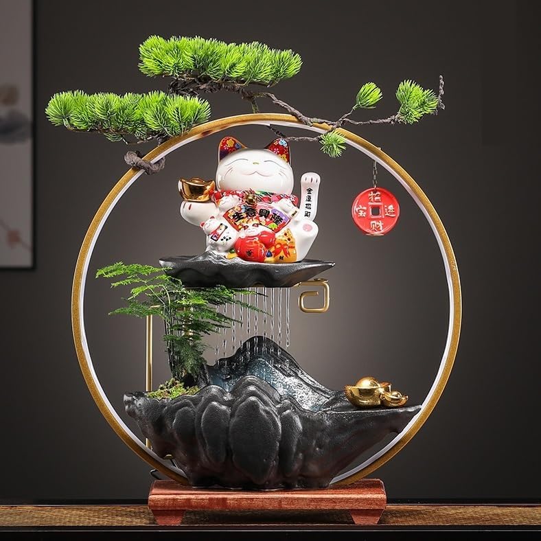 Zen Waterfall Fountain with Lucky Cat Design