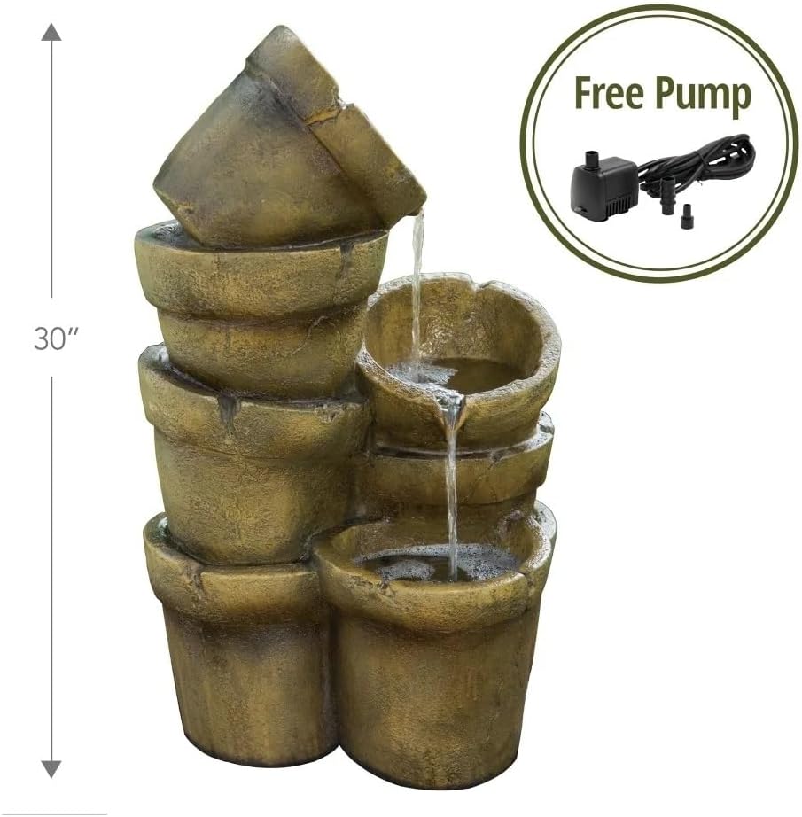 3 Tiered Water Glazed Pots Fountain with LED Light and Pump