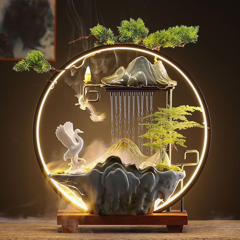 Ceramic Crane Desk Fountain with LED Light and Mist