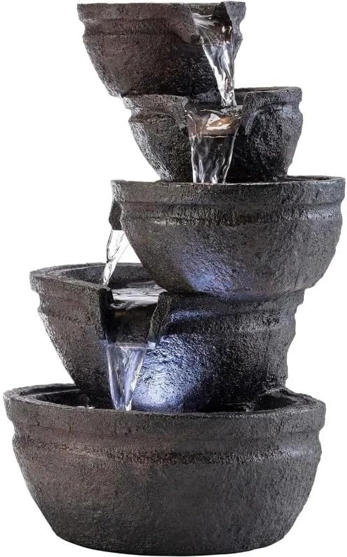 5-Tiered Stone Bowls Water Fountain with LED Lights for Table or Desk