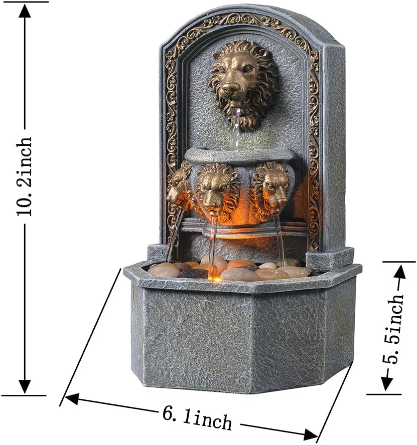 GOSSI 103 Inches Tall Tabletop Classic Lion Head Fountain with Cobblestone and LED Light
