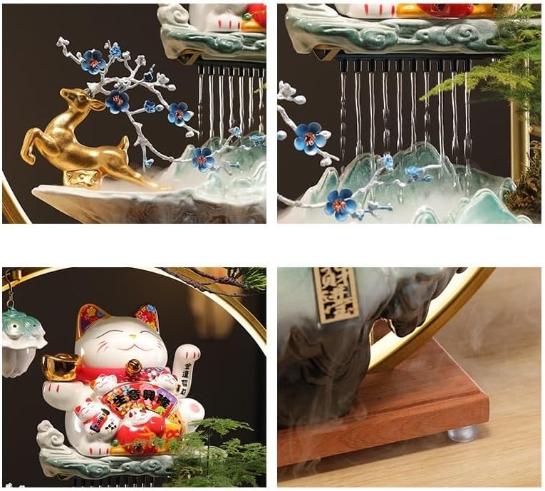 Zen Waterfall Indoor Fountain with Lucky Cat Design