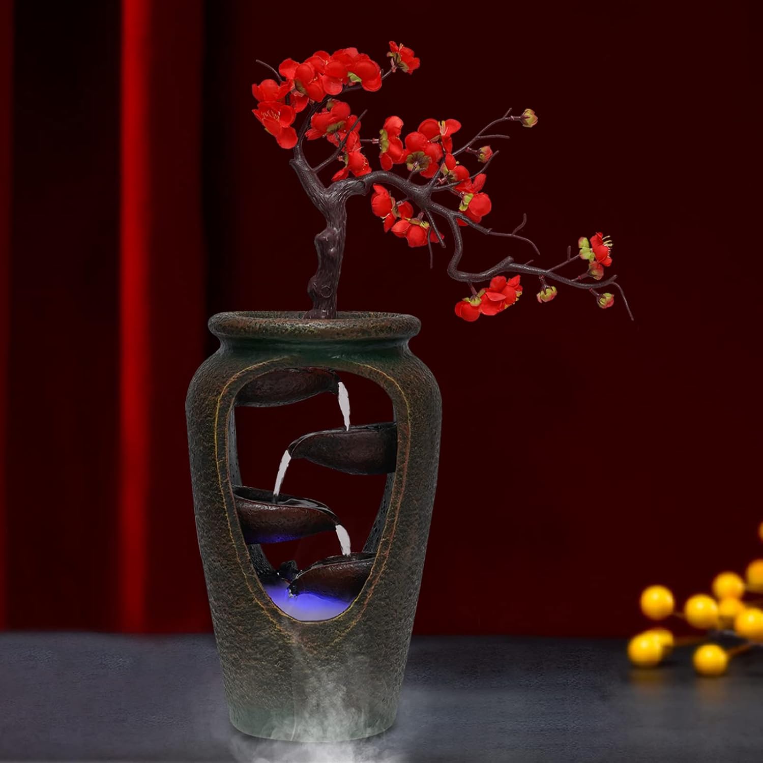 Relaxation Tabletop Water Fountain with LED Lights and Simulated Flowers
