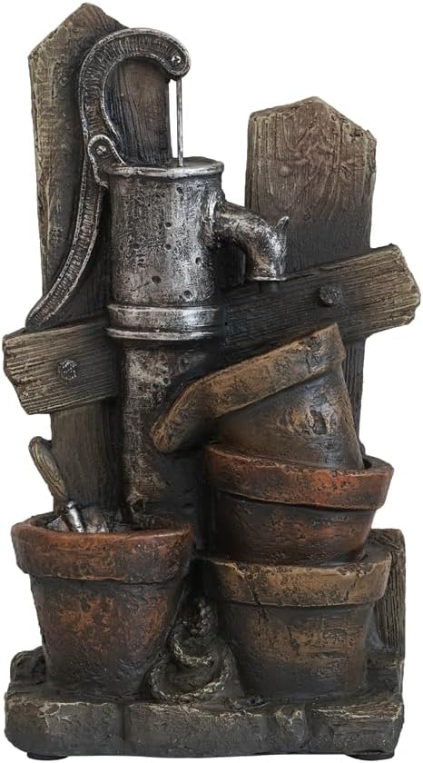 Rustic Charm Water Fountain with LED Light and Antique Pump