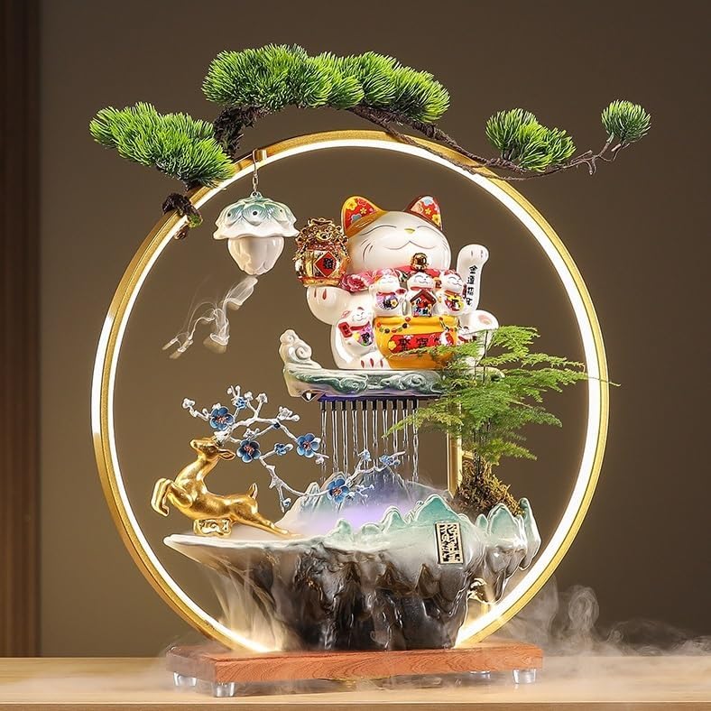 Zen Waterfall Indoor Fountain with Lucky Cat Design
