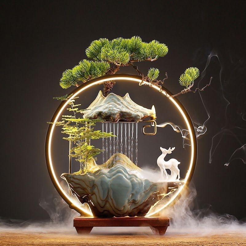 Deer Water Fountain Indoor with LED Light and Plants