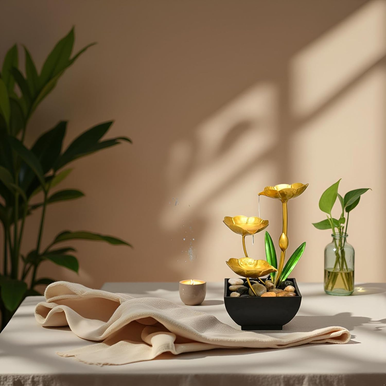 Gold Tabletop Water Fountain with Lotus Design