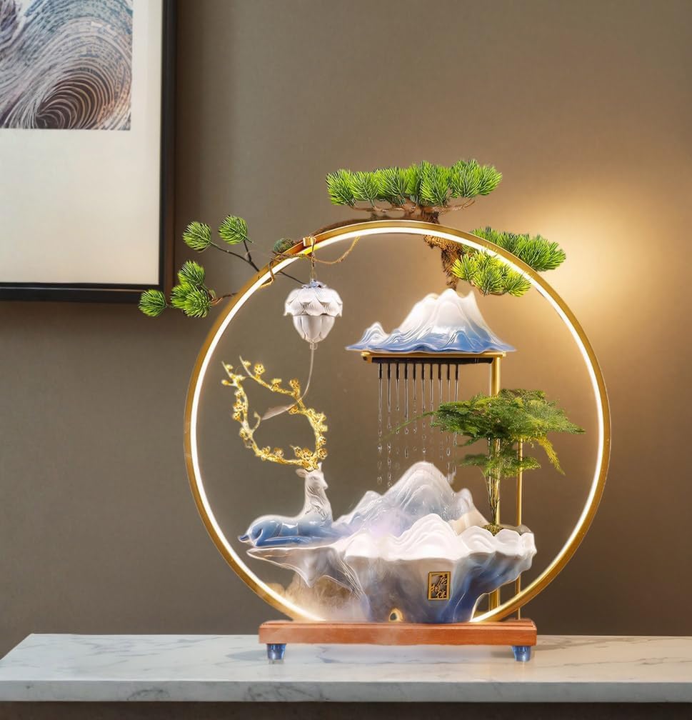 Stylish Ceramic Deer Waterfall Fountain with LED Light and Incense Holder