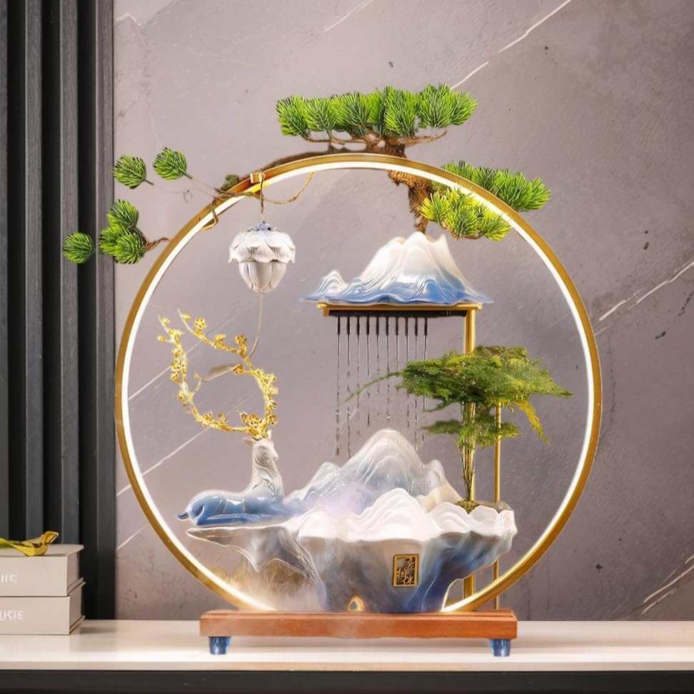 Stylish Ceramic Deer Waterfall Fountain with LED Light and Incense Holder