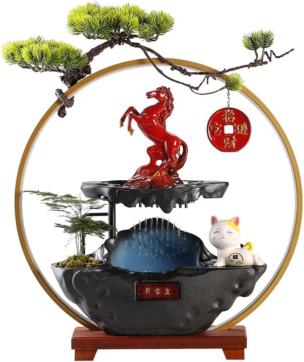 Ceramic Water Fountain Indoor Zen Decor with Wealth Symbol