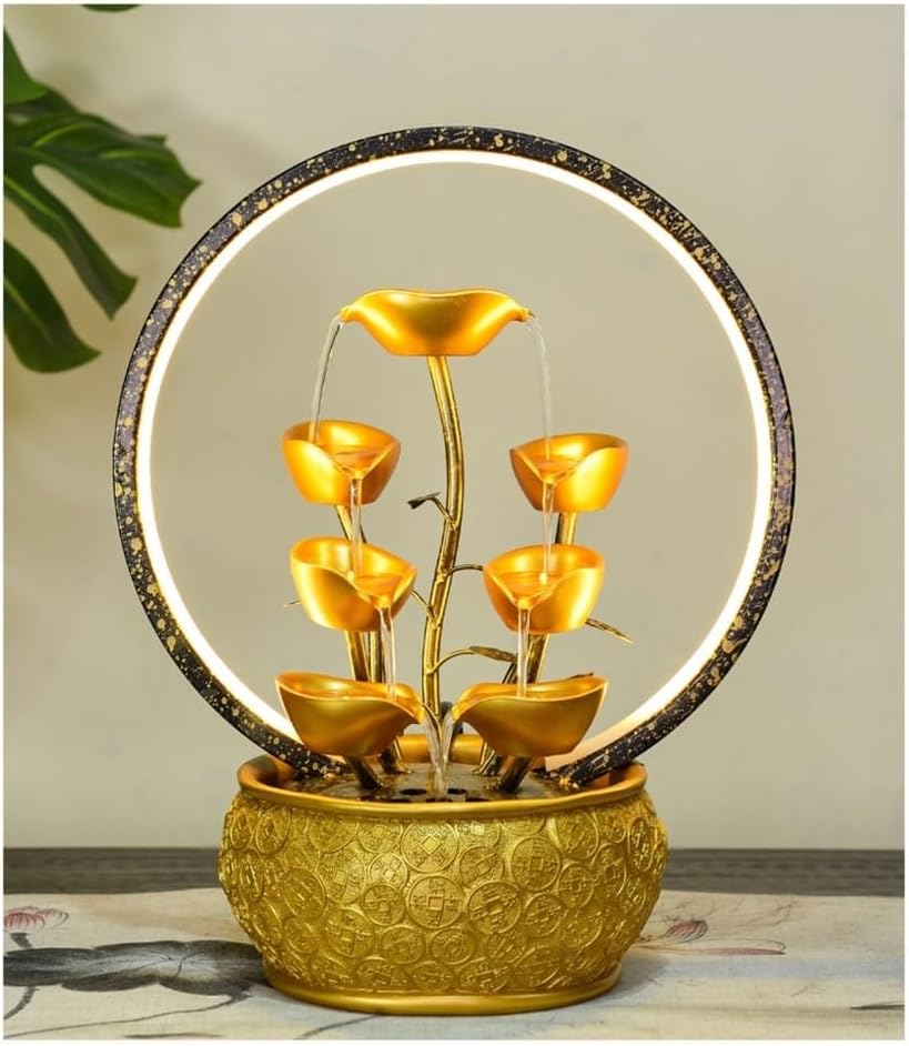 Gold Tabletop Waterfall Fountain with Light - Feng Shui Decor 1