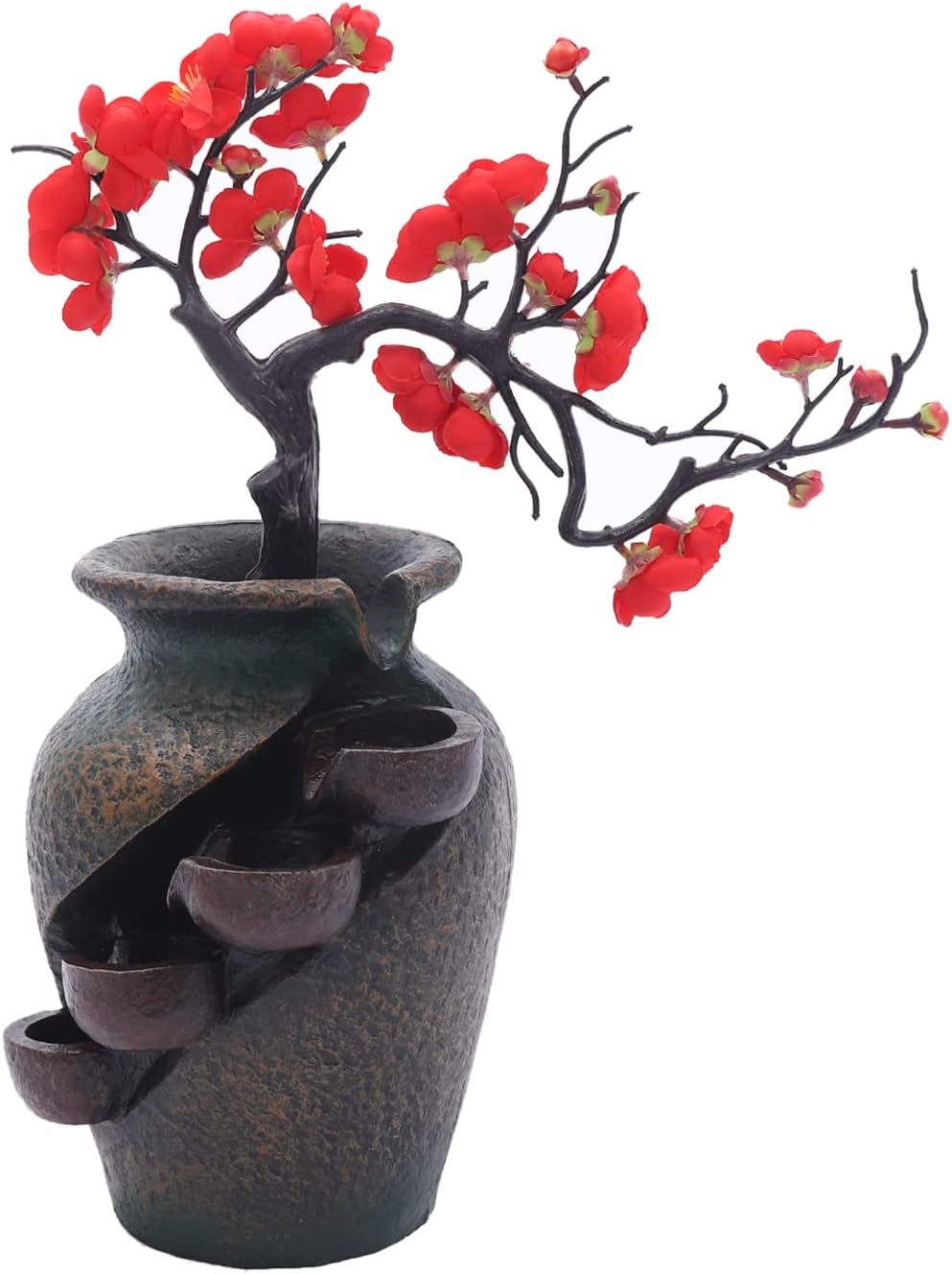 Tabletop Water Fountain with Artificial Flowers for Home Decor