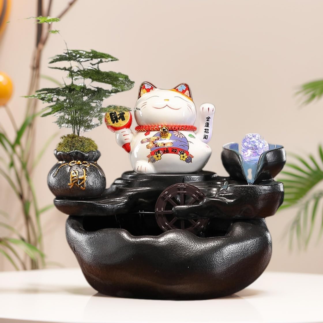 Desk Waterfall Fountain with Lucky Cat Figurine