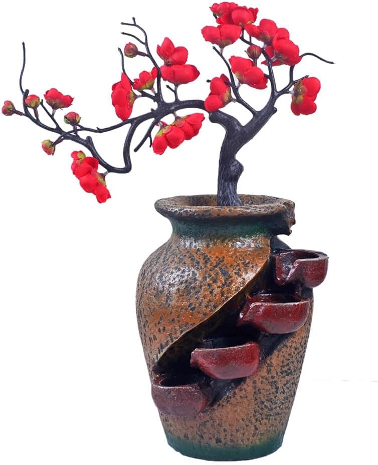 YOUUGIOR Plastic Red Peach Flower Plum Tree Resin Trunk Tabletop Fountain Decor