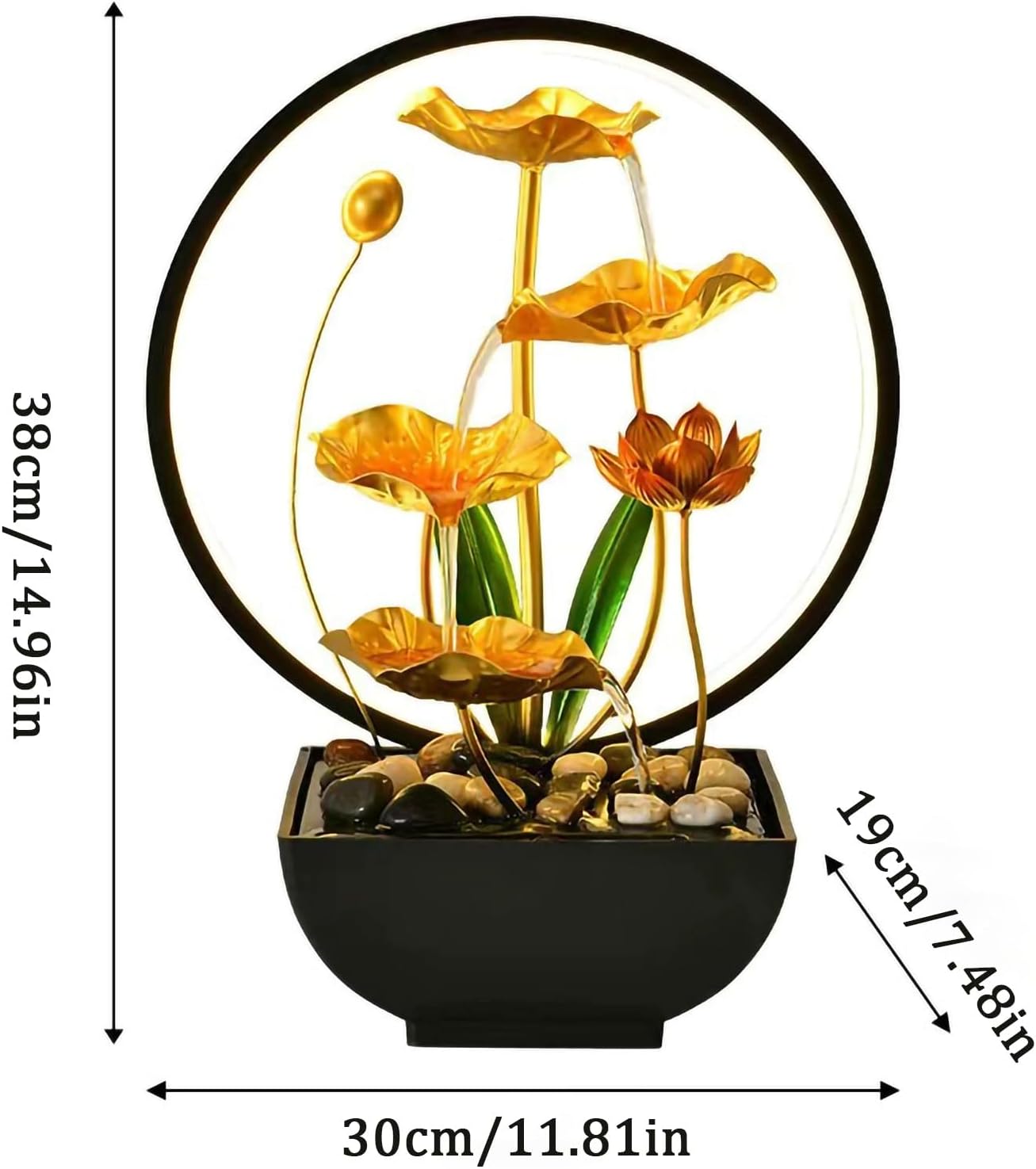 Tabletop Water Fountain with Golden Lotus Design