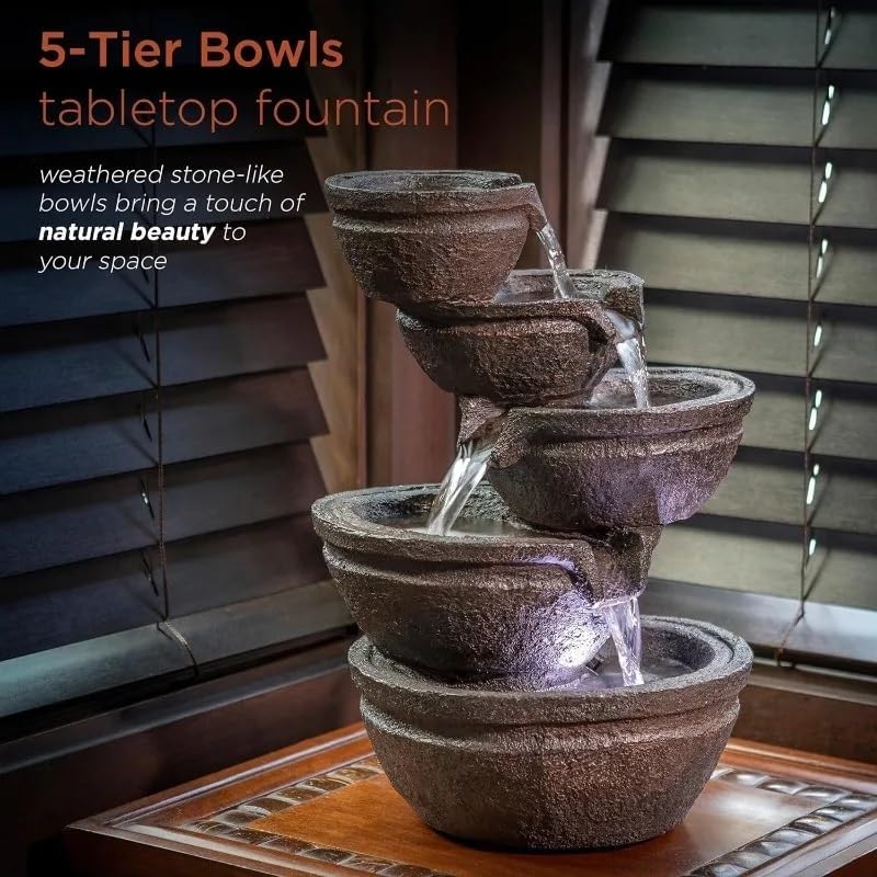 5-Tiered Stone Bowls Water Fountain with LED Lights for Table or Desk