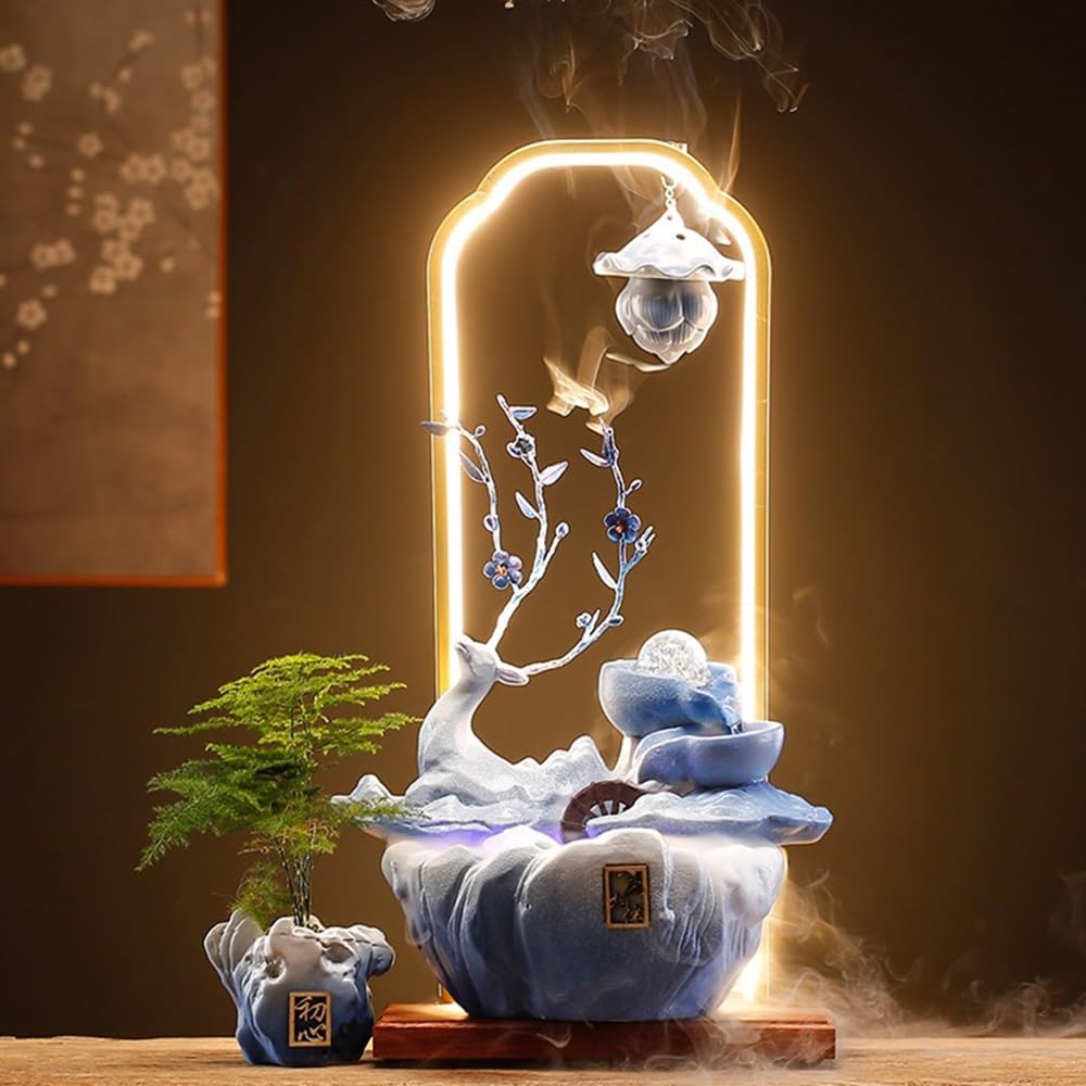 Blue Tabletop Fountain Deer Indoor Decor Landscape