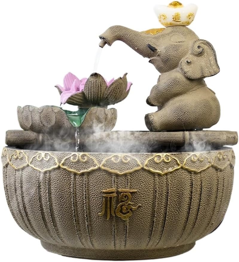 Brown Tabletop Fountain Elephant Sculpture with Lotus