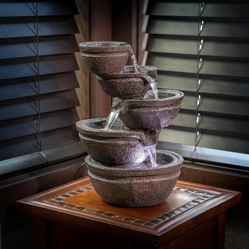 5-Tiered Stone Bowls Water Fountain with LED Lights for Table or Desk