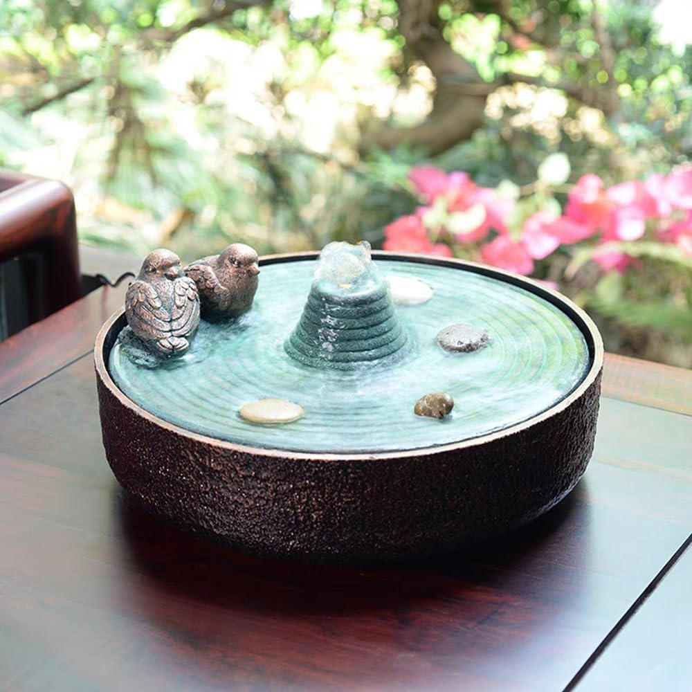 Elegant Desktop Fountain with Two Birds and Resin Basin