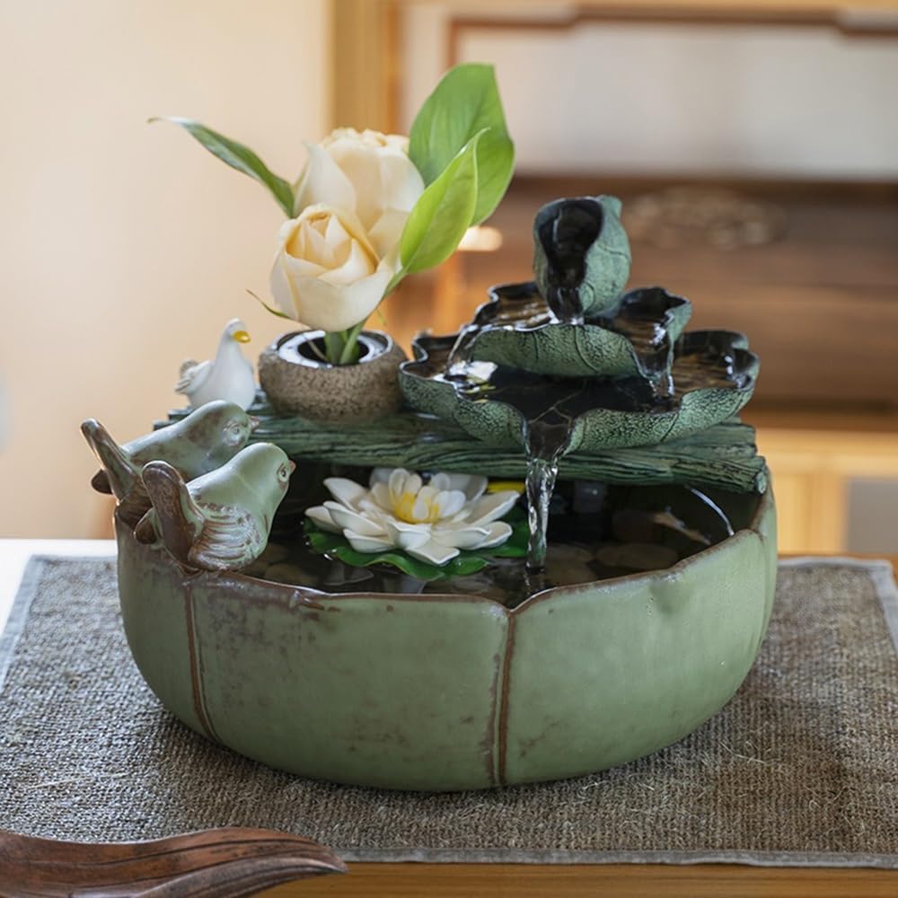 Elegant Desktop Water Fountain with Lotus and Bird Design