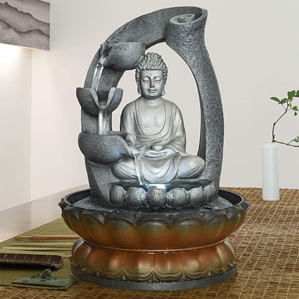 UKN Buddha Fountain Zen Meditation Tabletop Waterfall Grey