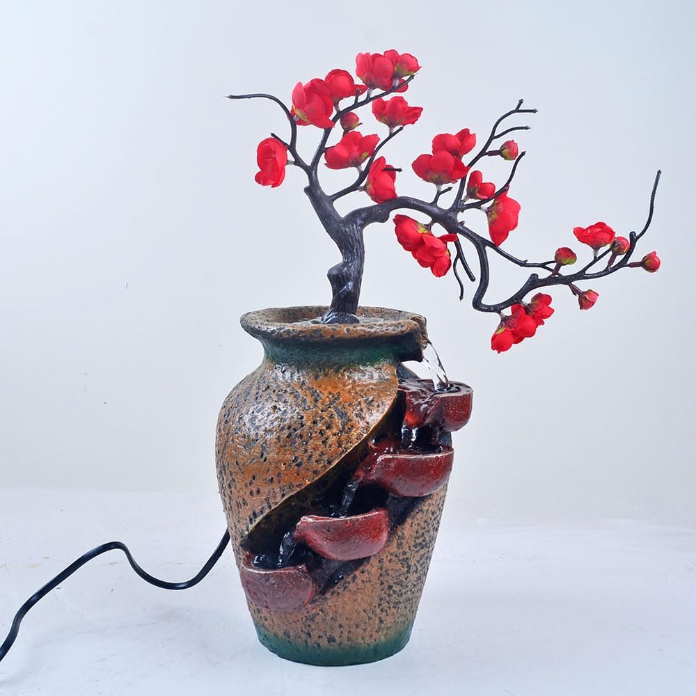 YOUUGIOR Plastic Red Peach Flower Plum Tree Resin Trunk Tabletop Fountain Decor