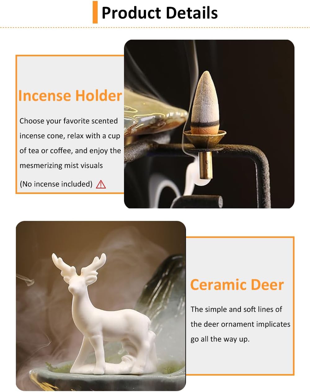 CIFUPUQU Deer Tabletop Water Fountain with LED Light and Incense Holder