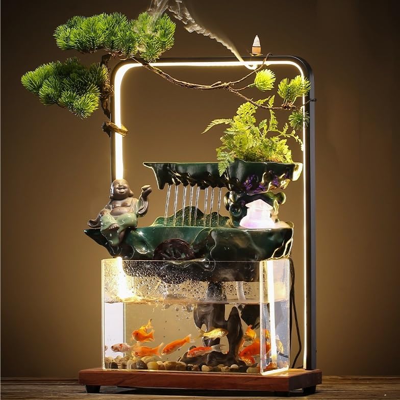 Stylish Tabletop Indoor Fountain with Bonsai Rockery Design