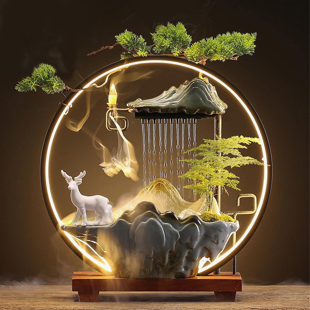 CIFUPUQU Deer Tabletop Water Fountain with LED Light and Incense Holder