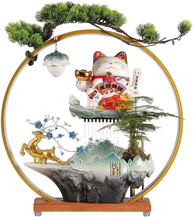 Zen Waterfall Indoor Fountain with Lucky Cat Design