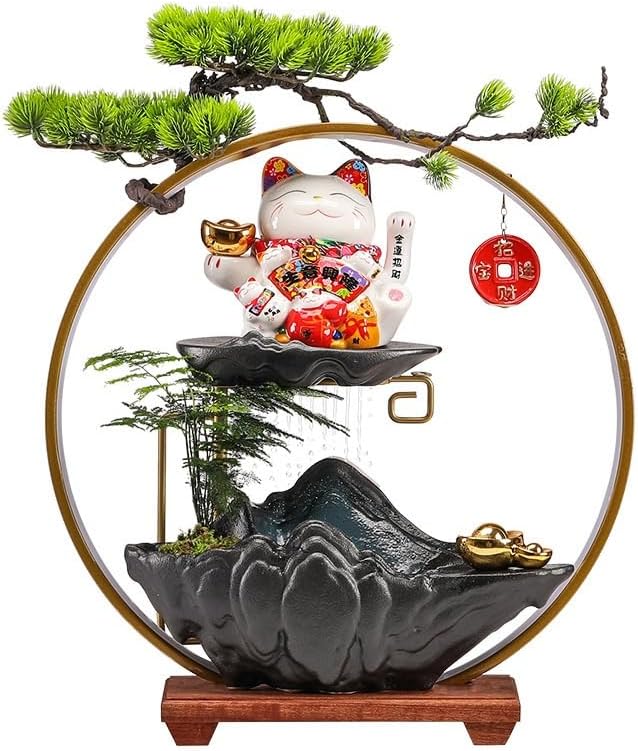 Zen Waterfall Fountain with Lucky Cat Design