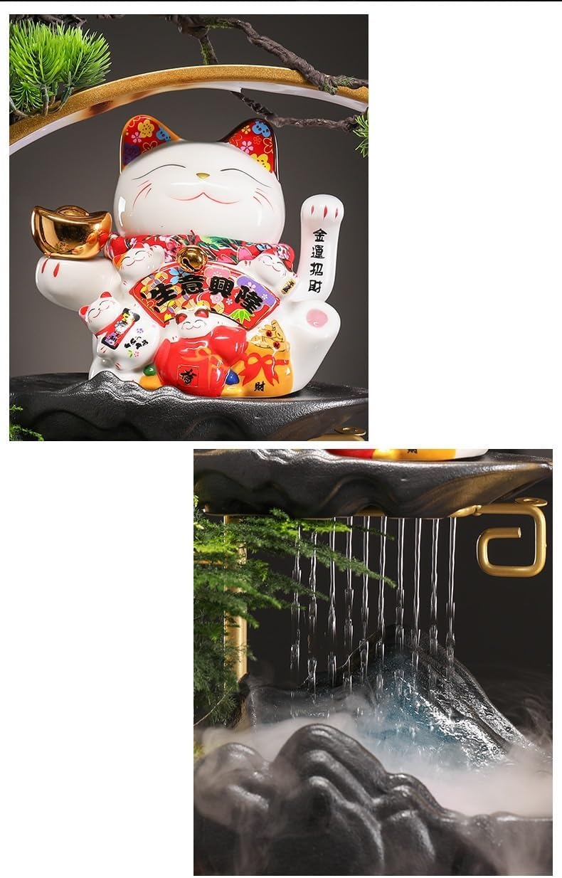 Zen Waterfall Fountain with Lucky Cat Design