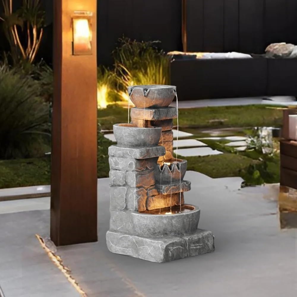 Cascading Bowls and Stacked Stones LED Outdoor Water Fountain