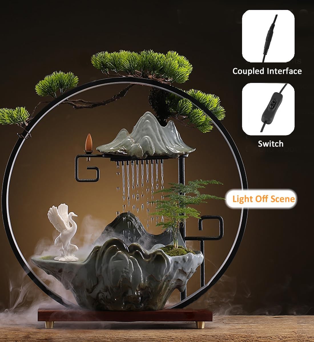 Ceramic Crane Desk Fountain with LED Light and Mist
