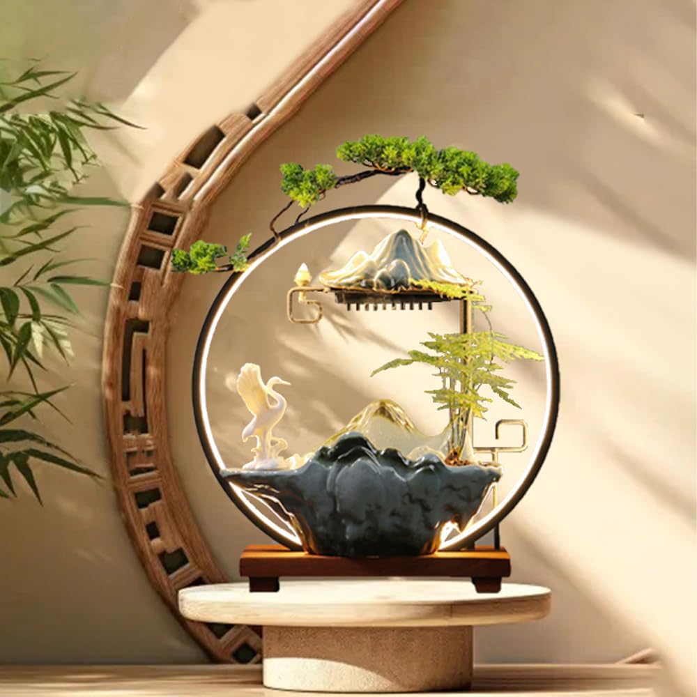 Ceramic Crane Desk Fountain with LED Light and Mist