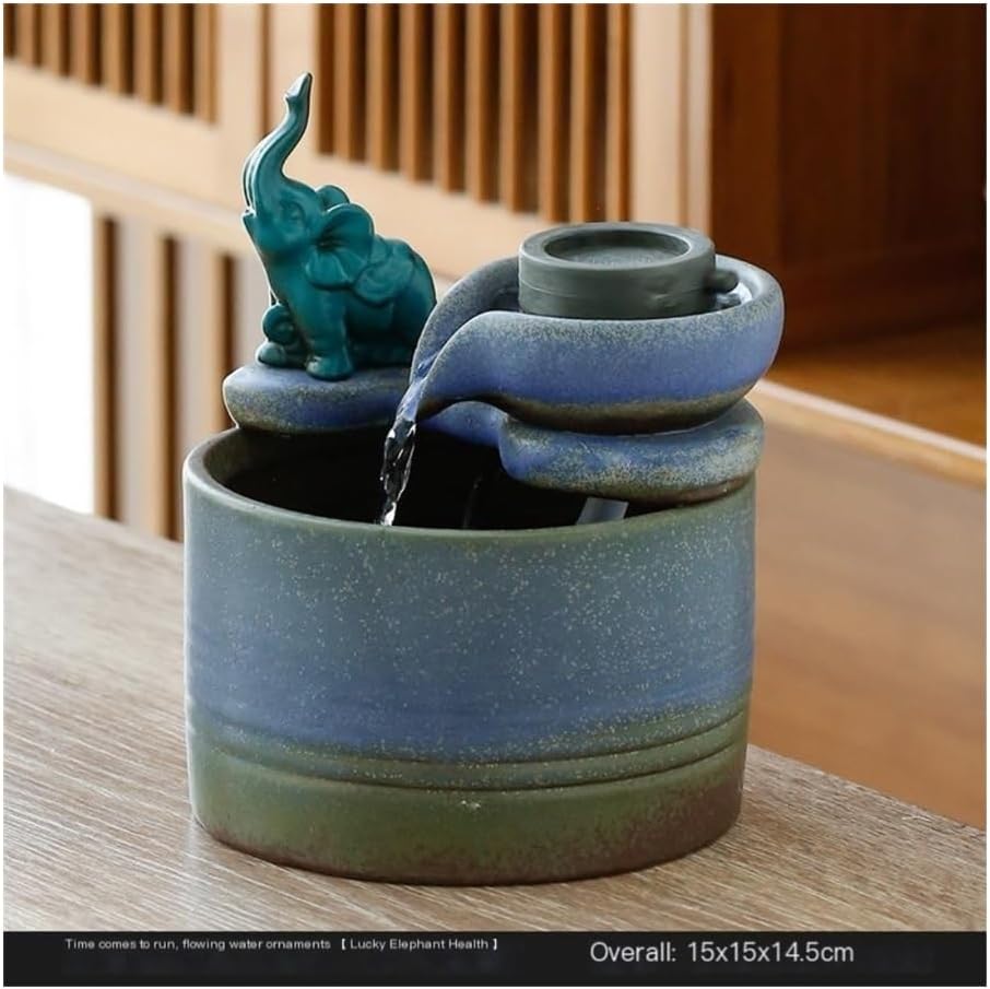 Tabletop Fountain with Ceramic Waterfall Feng Shui Elephant Ornament