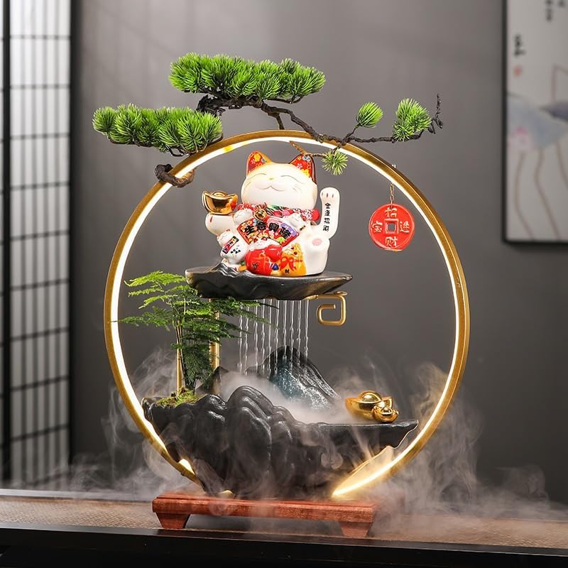 Zen Waterfall Fountain with Lucky Cat Design