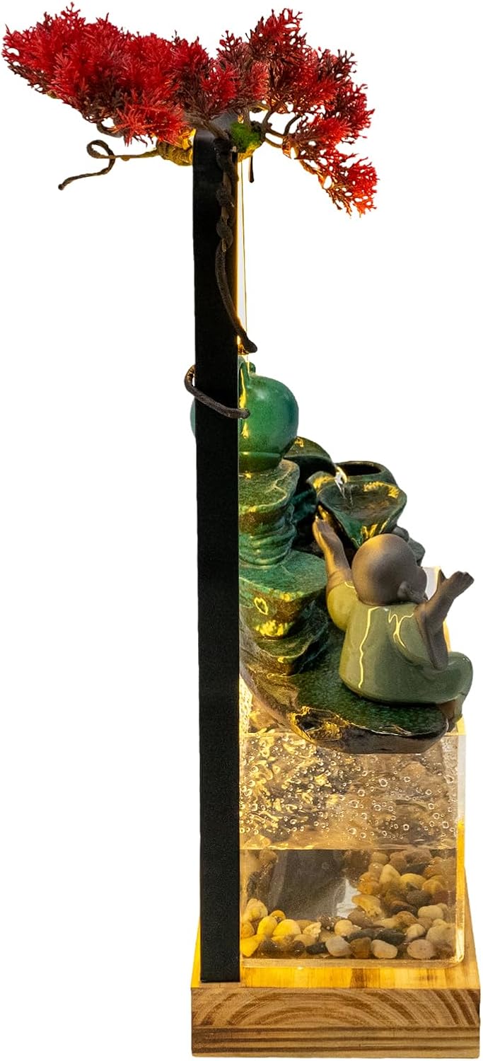 Tabletop Buddha Water Fountain with LED Light and Fake Plants for Meditation and Good Luck Wealth