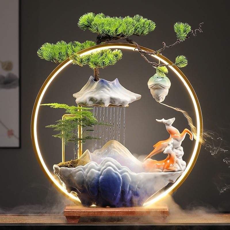 AQWASYUTER Zen Waterfall Desktop Fountain Decor Indoor Living Room Office Wealth Attraction Ceramic Ornament