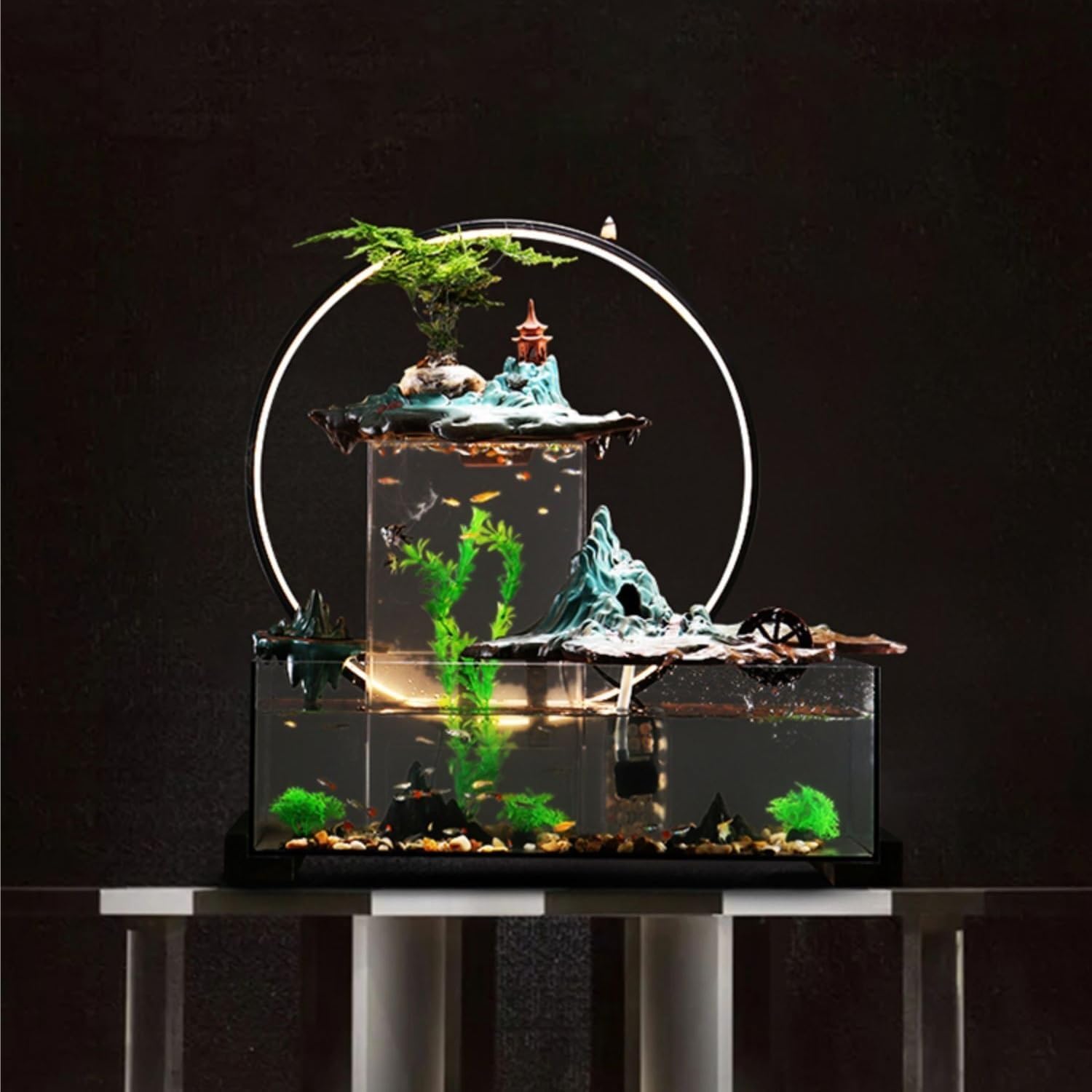 Tabletop Fountain with Water Circulation and Miniature Plants