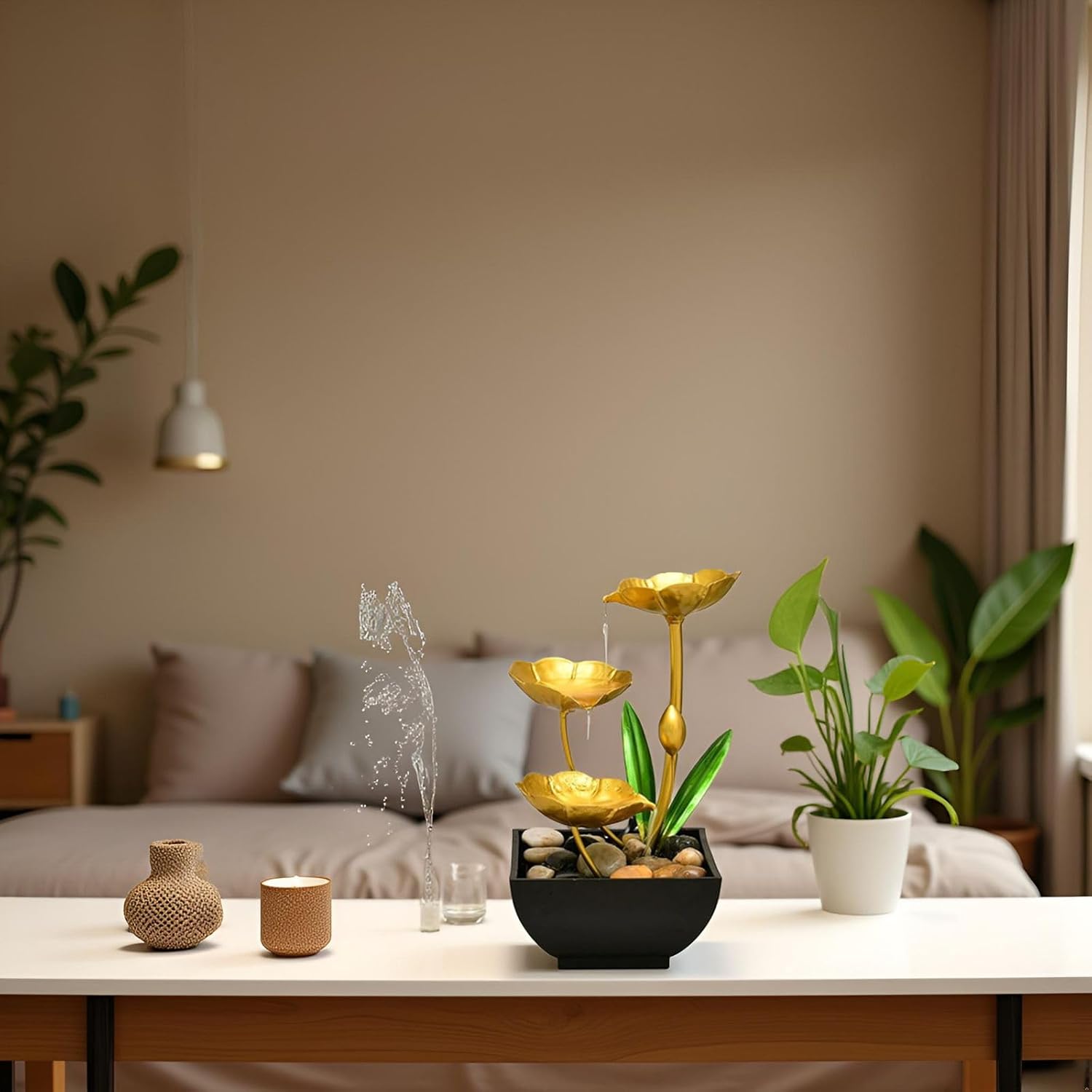 Gold Tabletop Water Fountain with Lotus Design