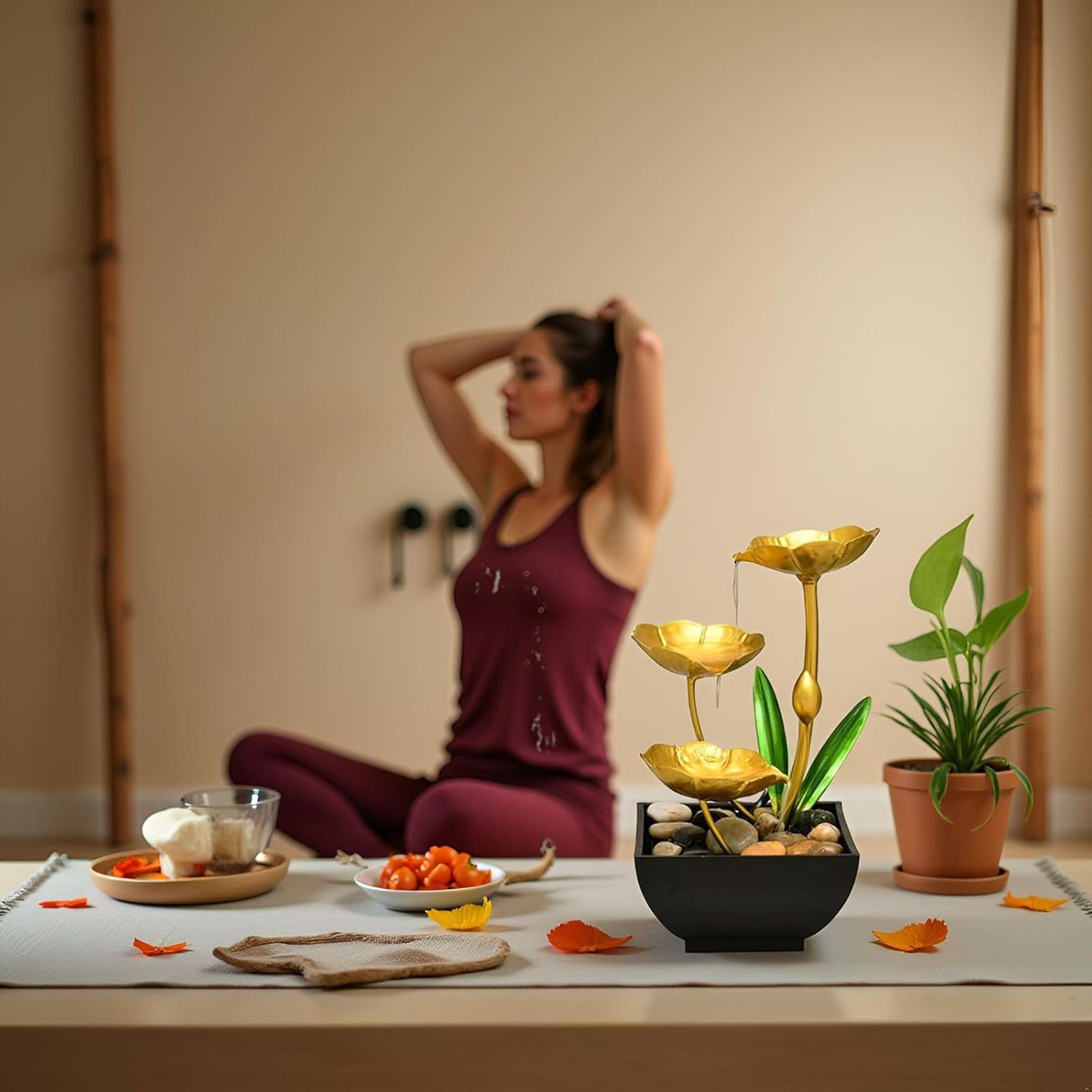 Gold Tabletop Water Fountain with Lotus Design
