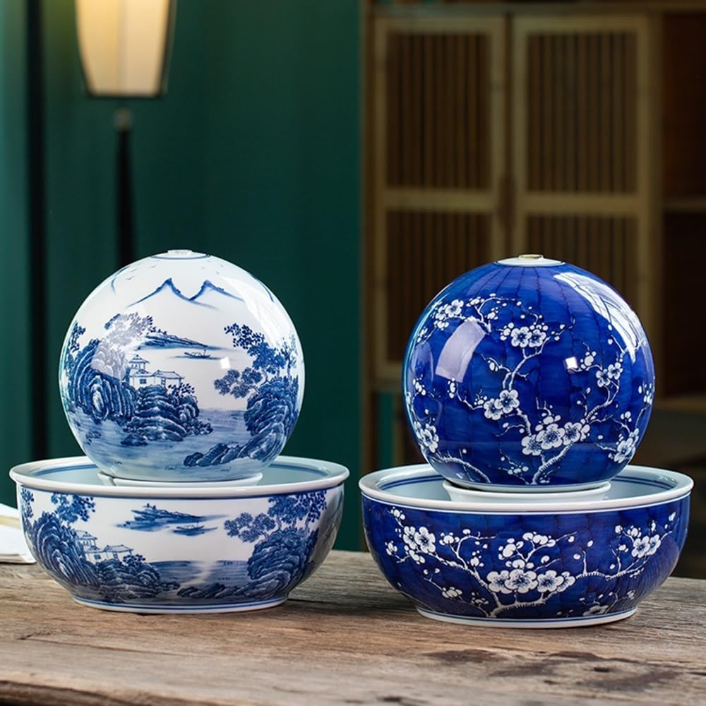 Tabletop Fountain with Blue and White Porcelain Design
